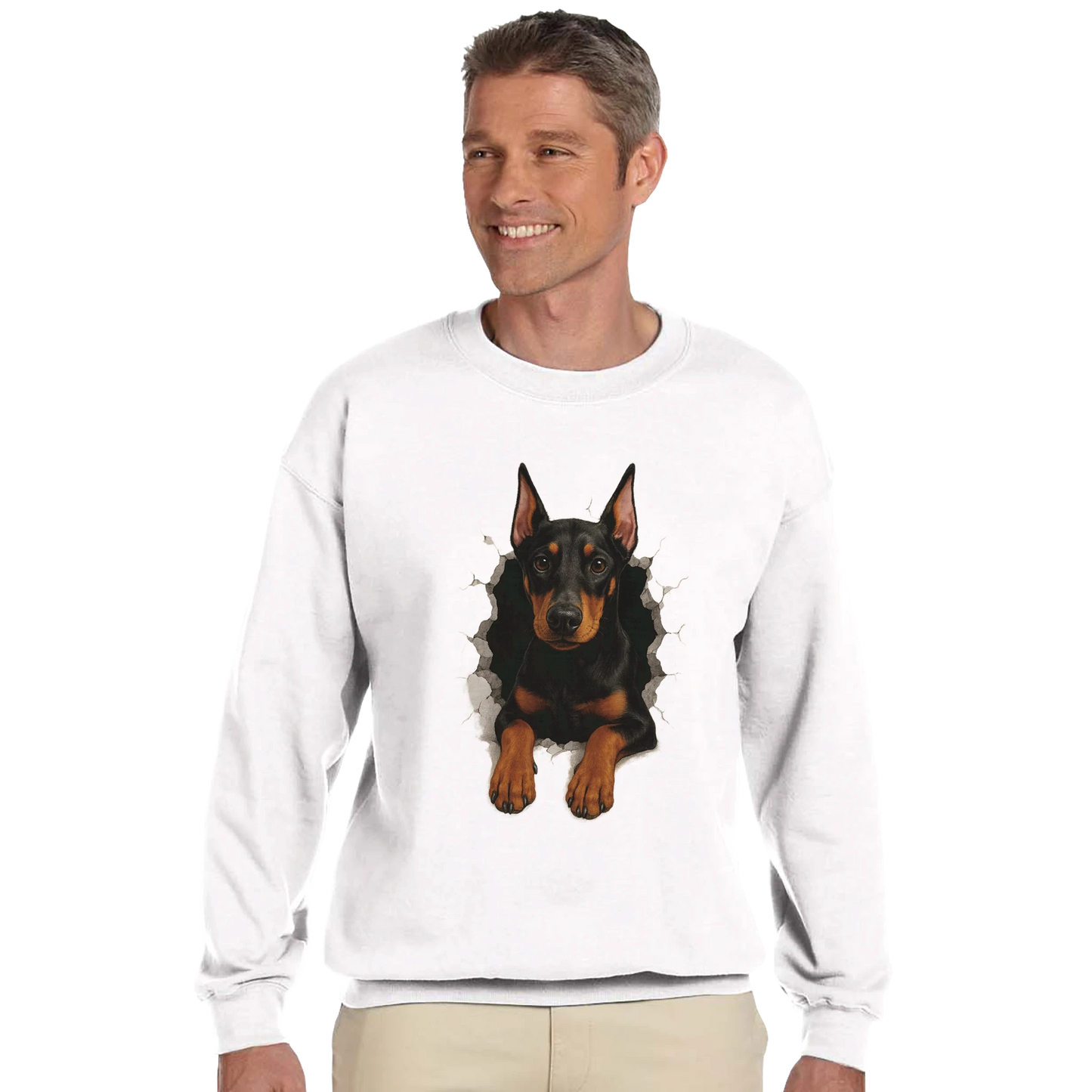 Sweat-shirt adulte unisexe classique ras du cou blanc Dobermann trou mur
