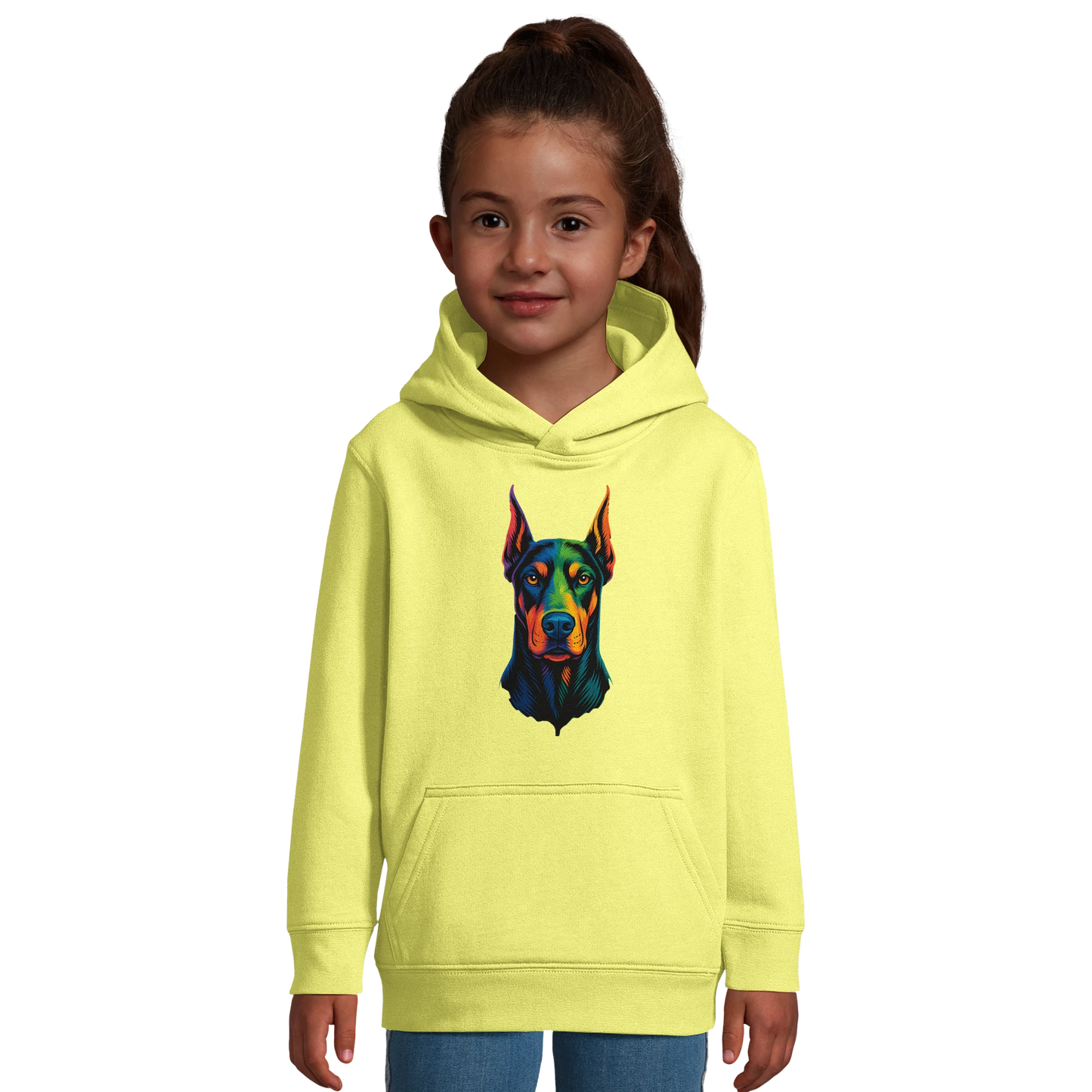 Sweat-shirt à capuche enfant jaune tête Dobermann arc en ciel