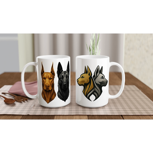 Mug céramique blanche 443 ml (15 oz) têtes Malinois argentée/Dobermann dorée