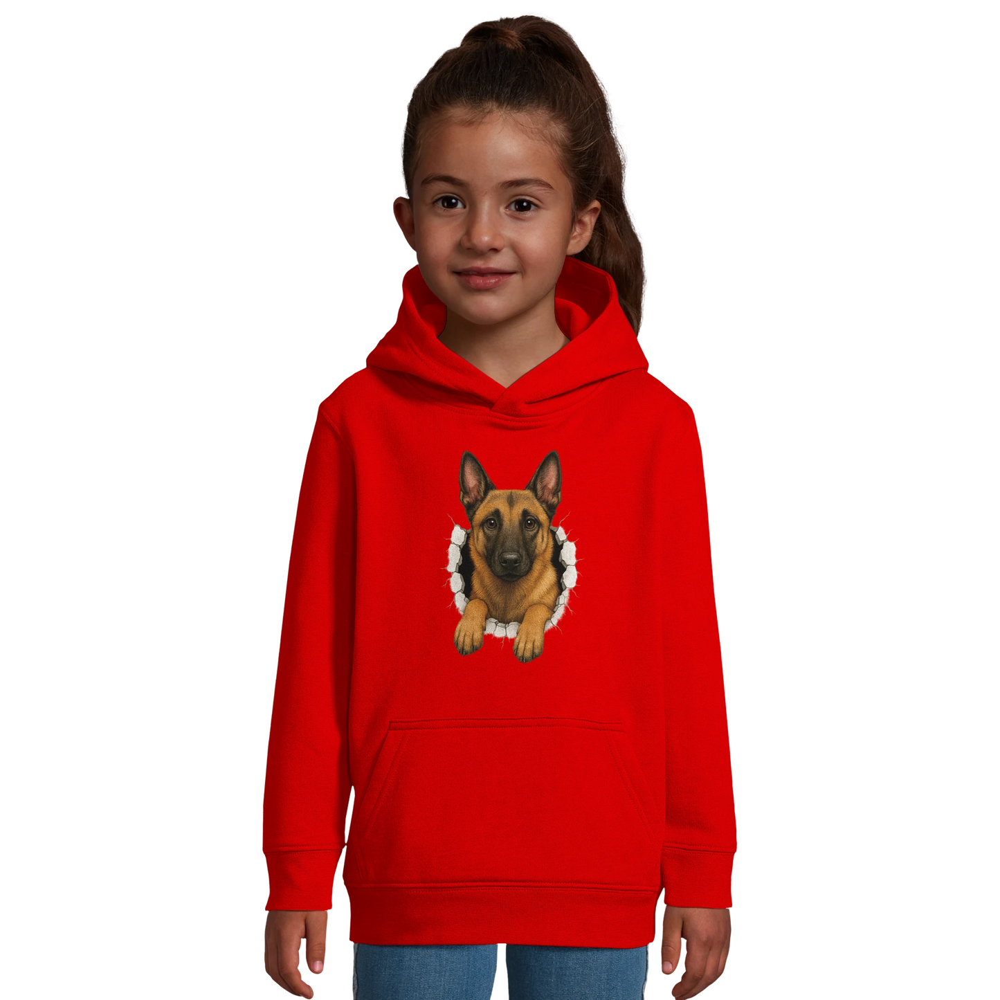Sweat-shirt enfant à capuche rouge Malinois trou mur