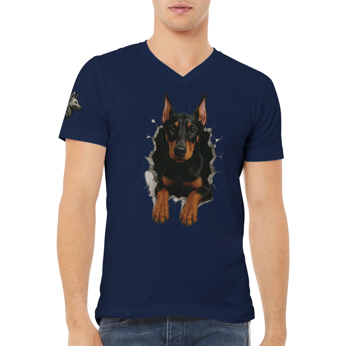 T-shirt adulte unisexe premium col en V bleu marine-Dobermann trou mur