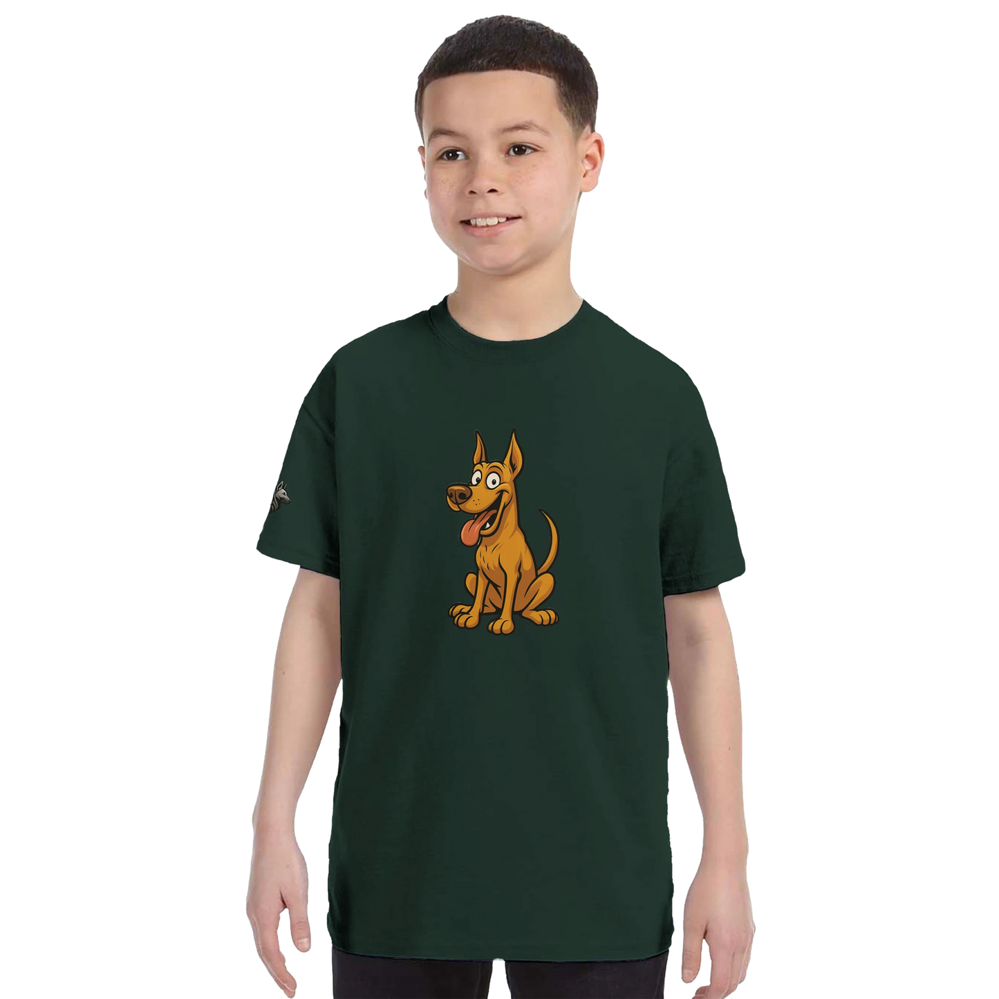 T-shirt enfant classique ras du cou Dobermann humour2 avec logo sur manche droite MolossDesign