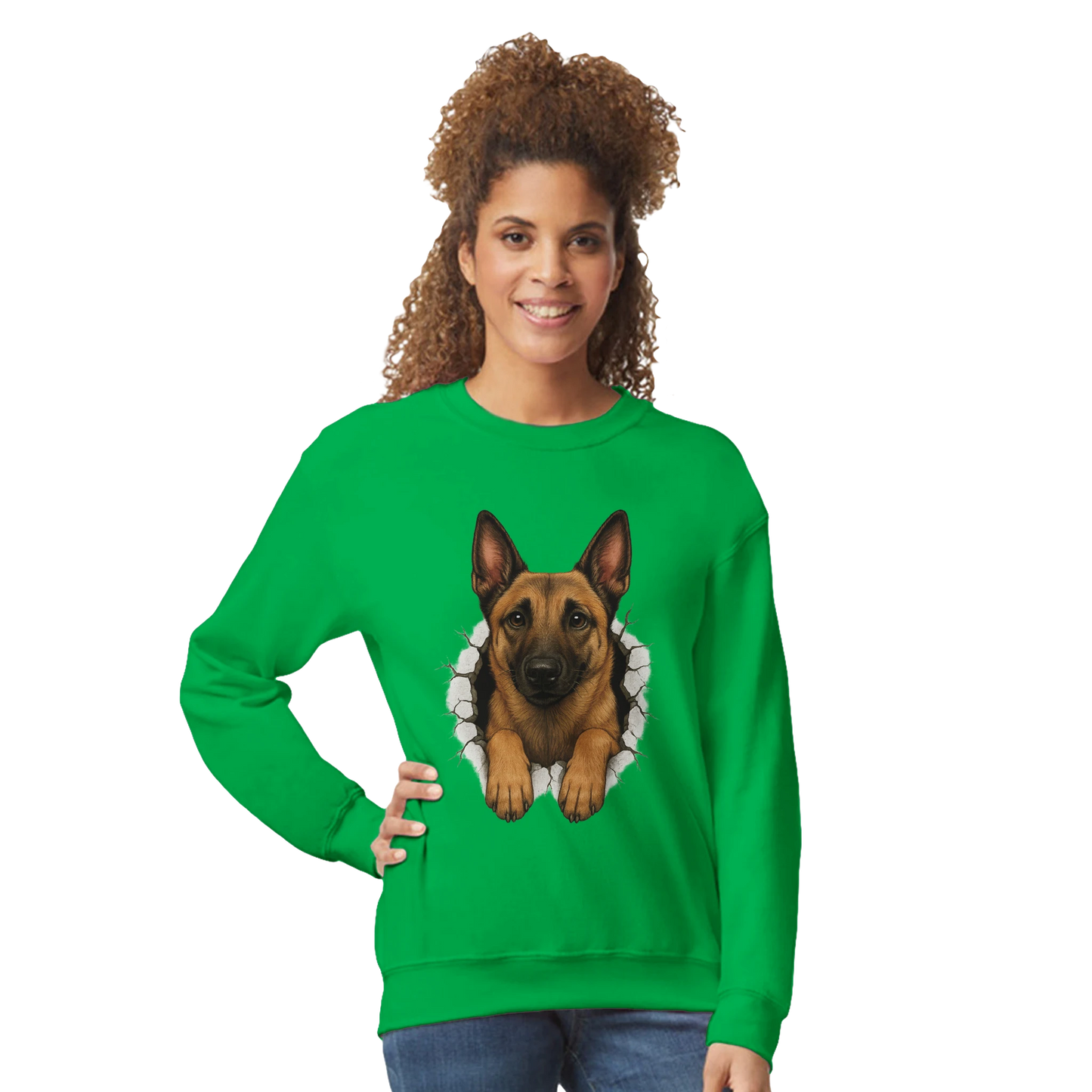 Sweat-shirt adulte unisexe classique ras du cou vert Malinois trou mur