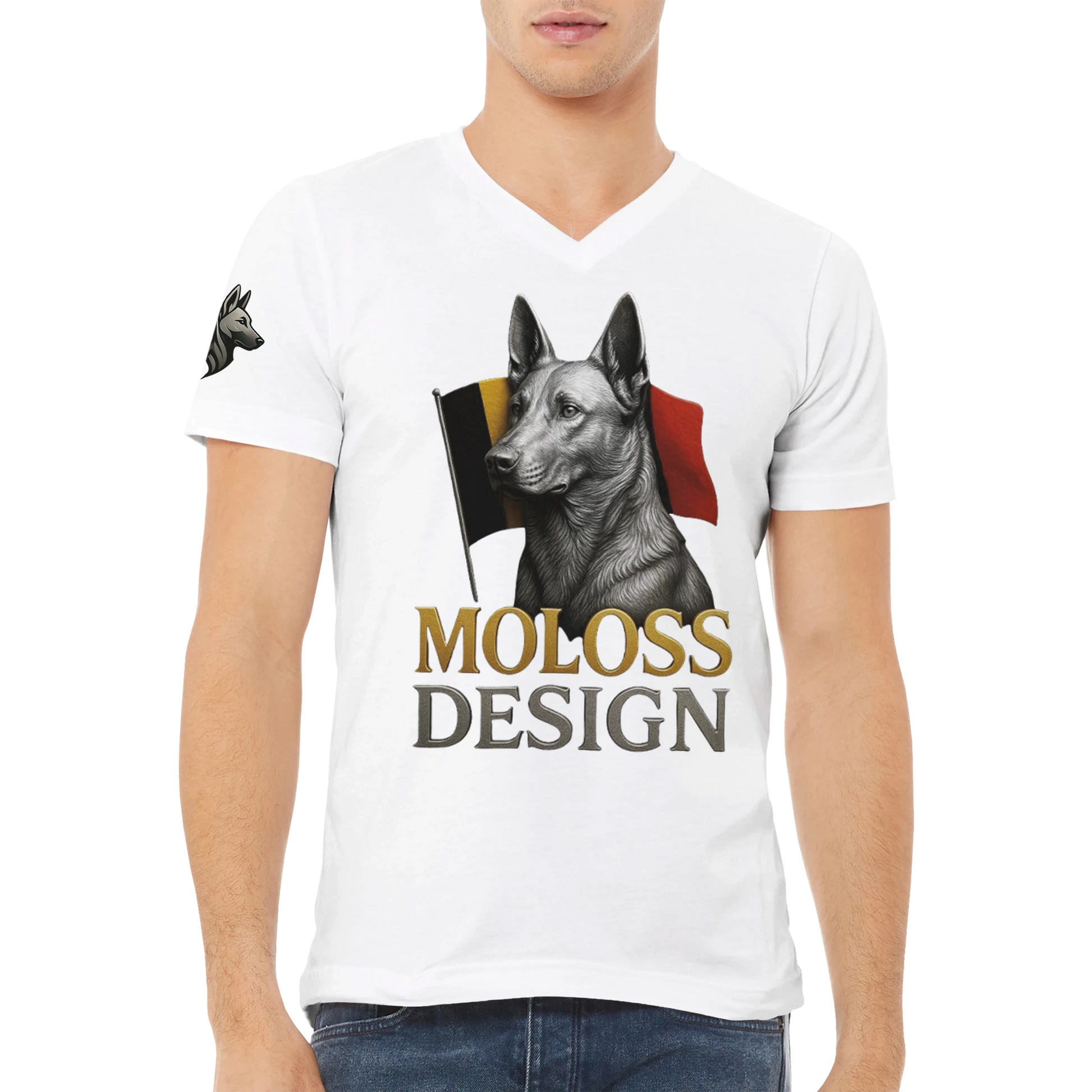T-shirt adulte unisexe premium col en V blanc Malinois+drapeau