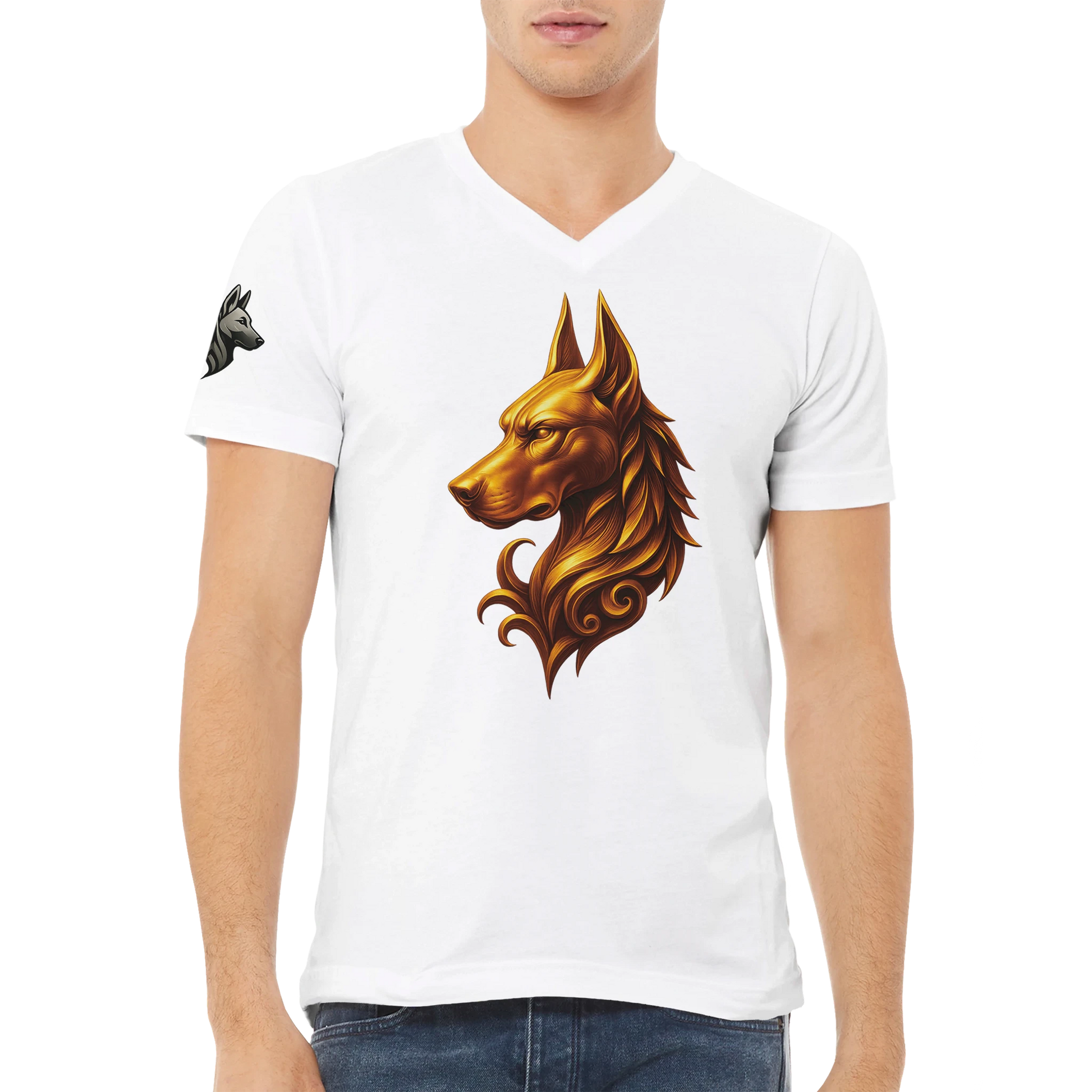 T-shirt adulte unisexe premium col en V blanc tête majestueuse Dobermann