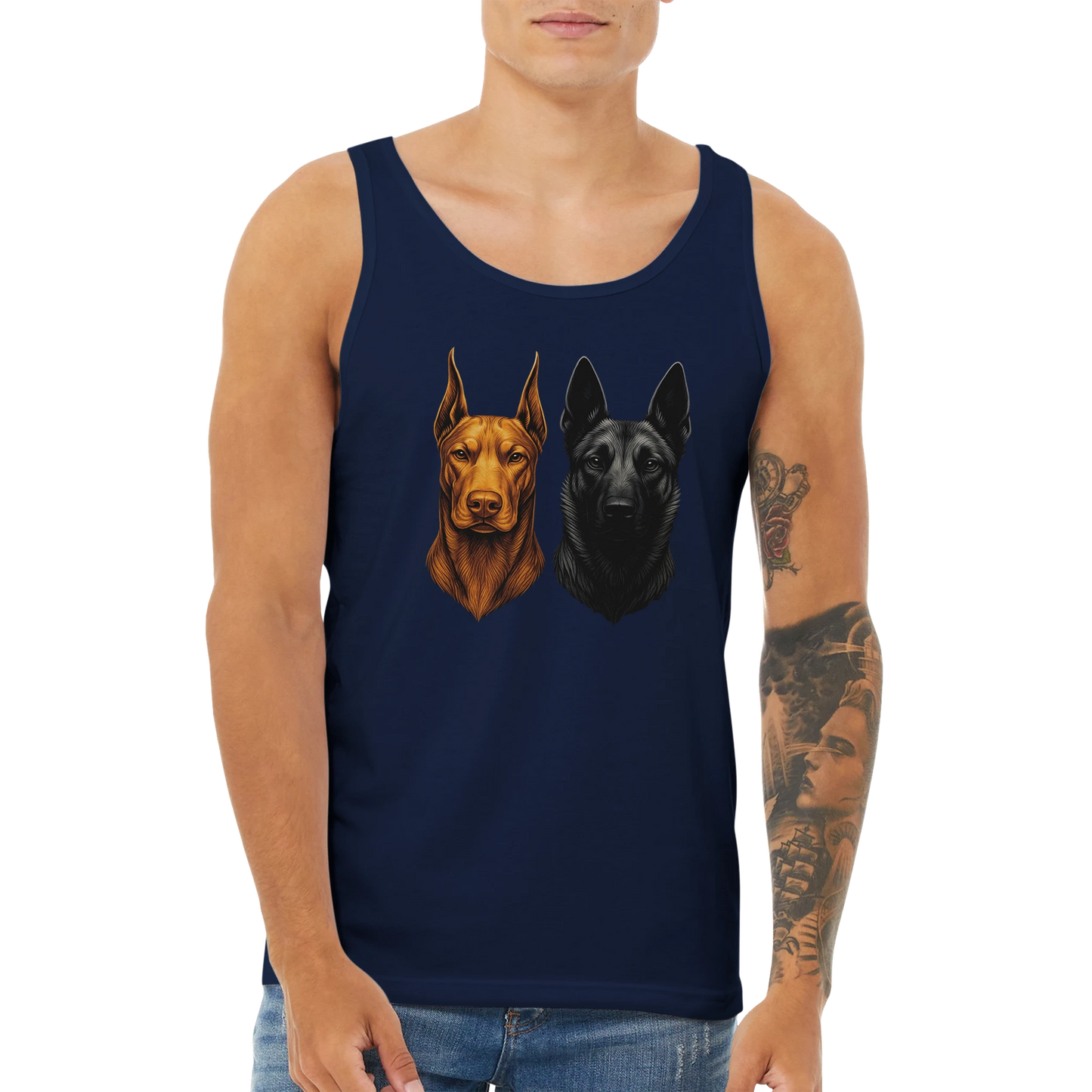 Débardeur adulte unisexe premium bleu tête Dobermann+Malinois