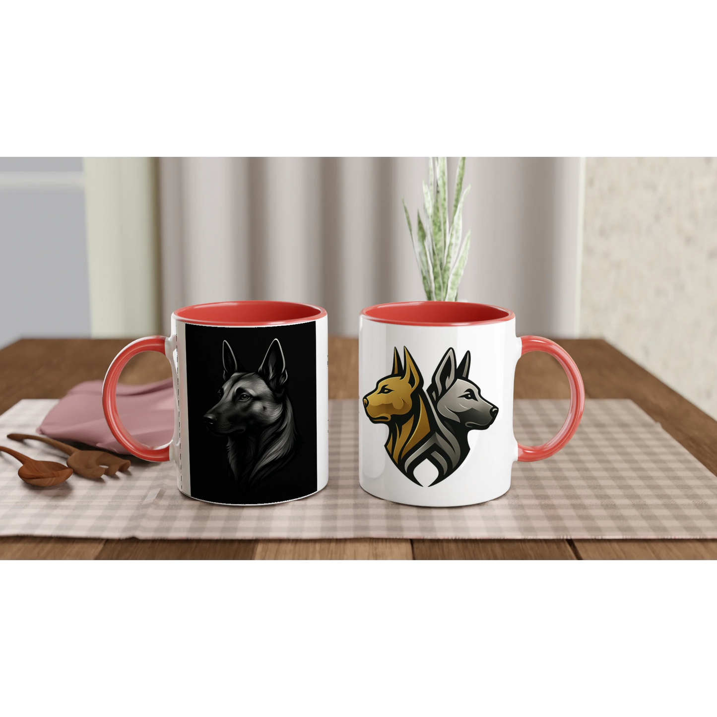 Mug céramique blanche 325 ml (11 oz) intérieur coloré rouge-tête Malinois argentée/noire