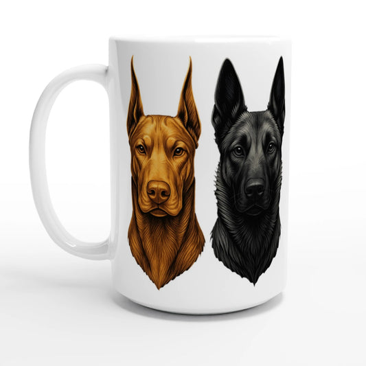 Mug céramique blanche 443 ml (15 oz) têtes Malinois argentée/Dobermann dorée