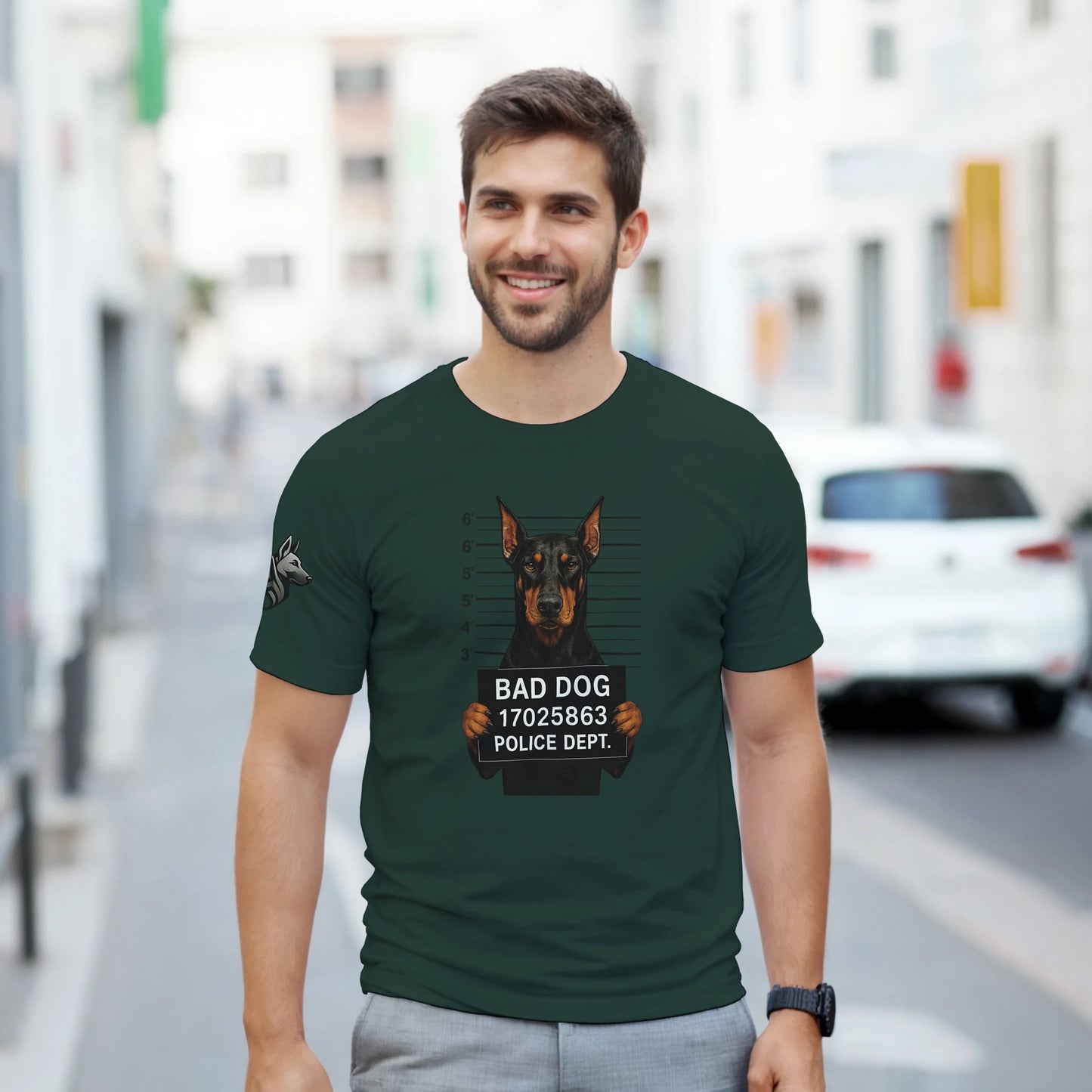 T-shirt adulte unisexe épais vert ras du cou Bad dog Dobermann
