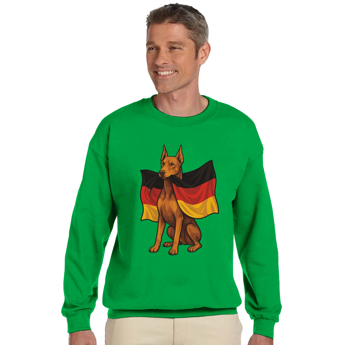 Sweat-shirt adulte unisexe classique ras du cou vert Dobermann+drapeau