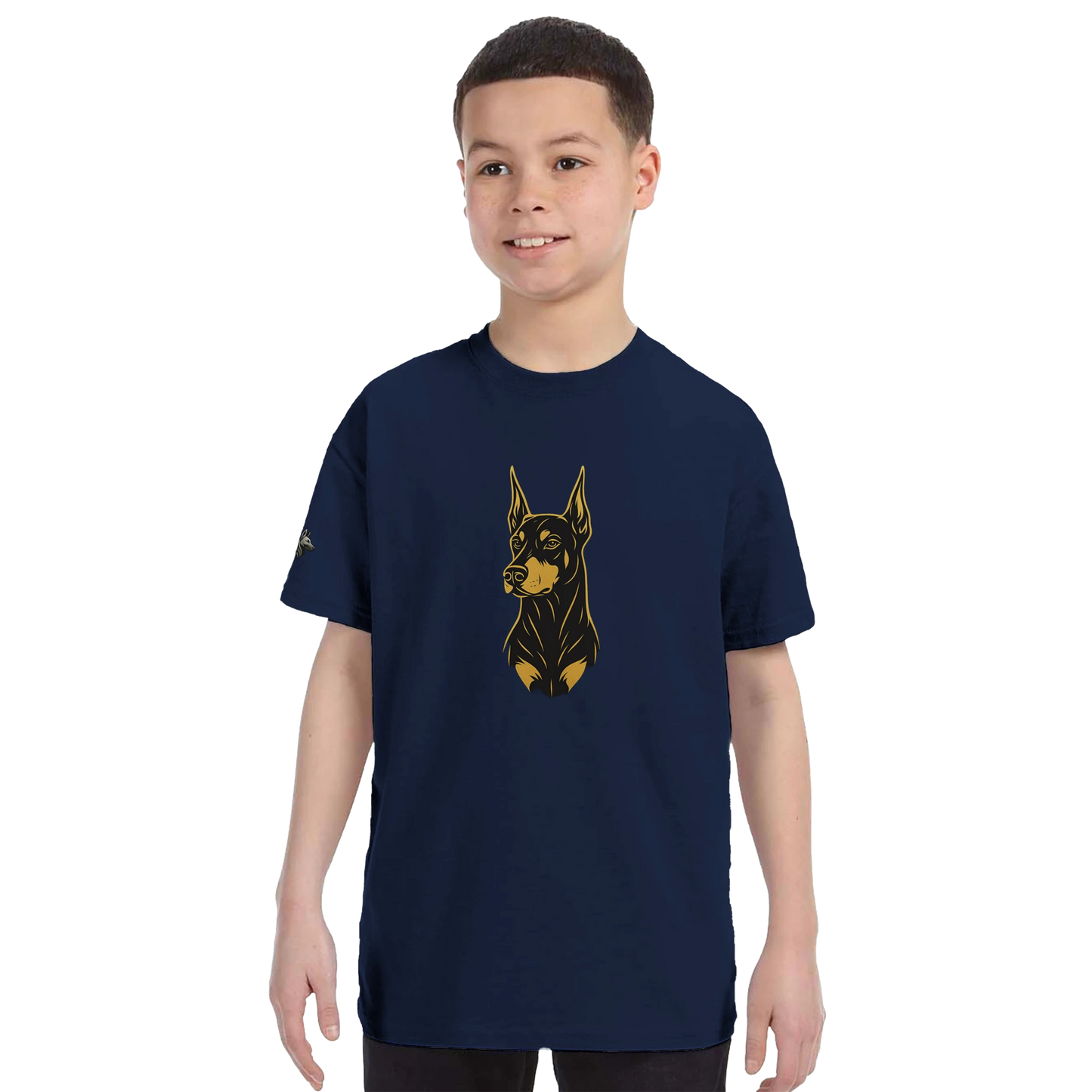 T-shirt enfant classique ras du cou tête Dobermann dorée et noire1 avec logo sur manche droite MolossDesign