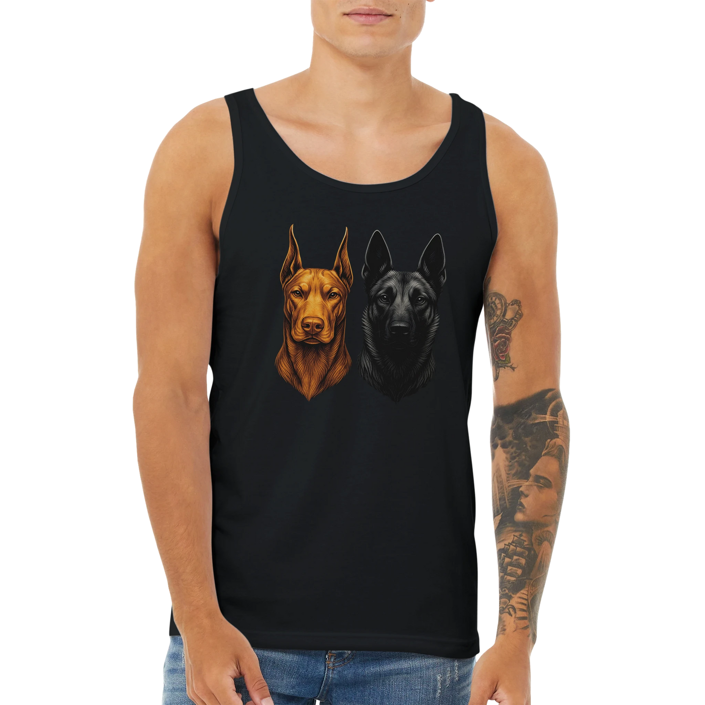 Débardeur adulte unisexe premium noir tête Dobermann+Malinois