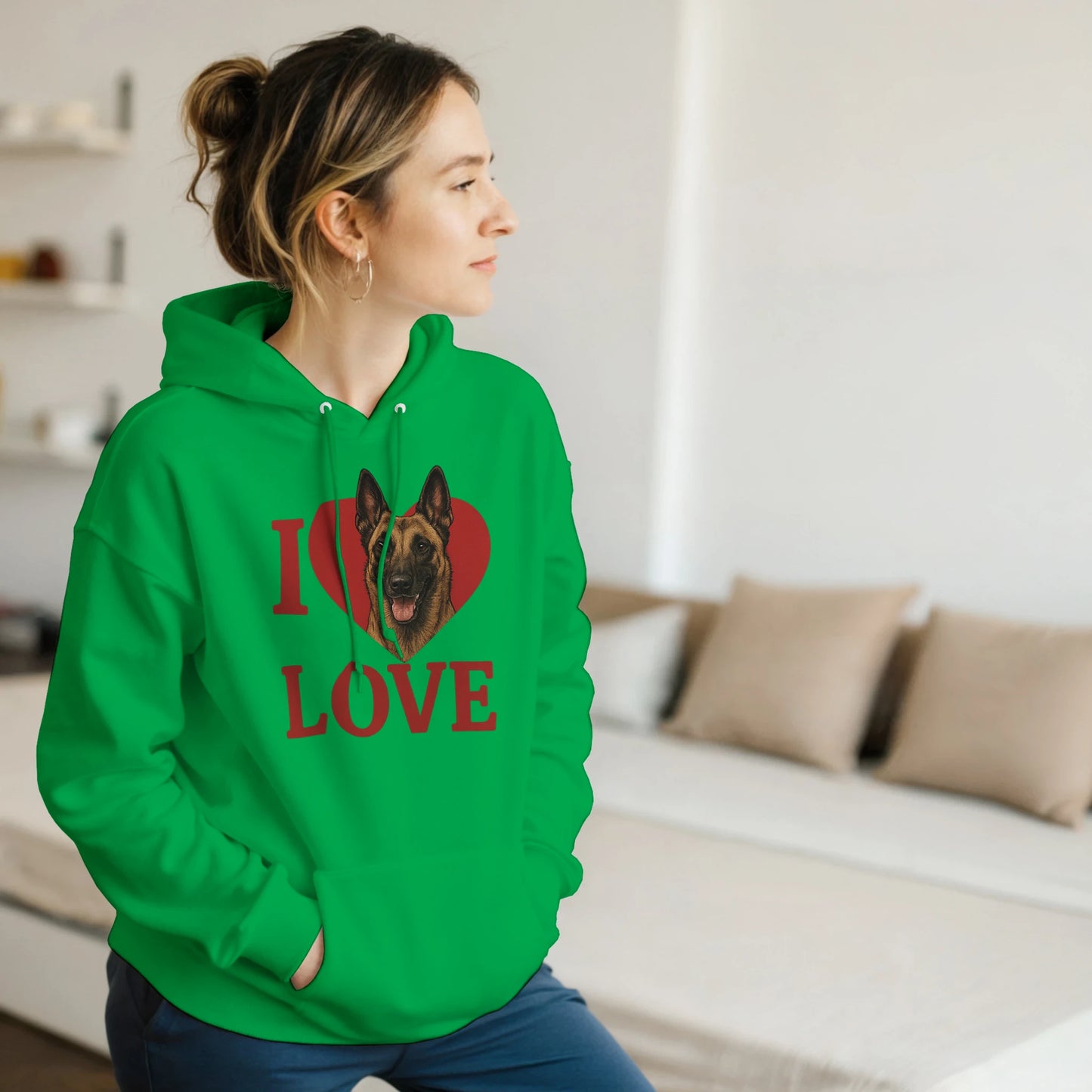 Sweat à capuche adulte unisexe classique vert I love Malinois