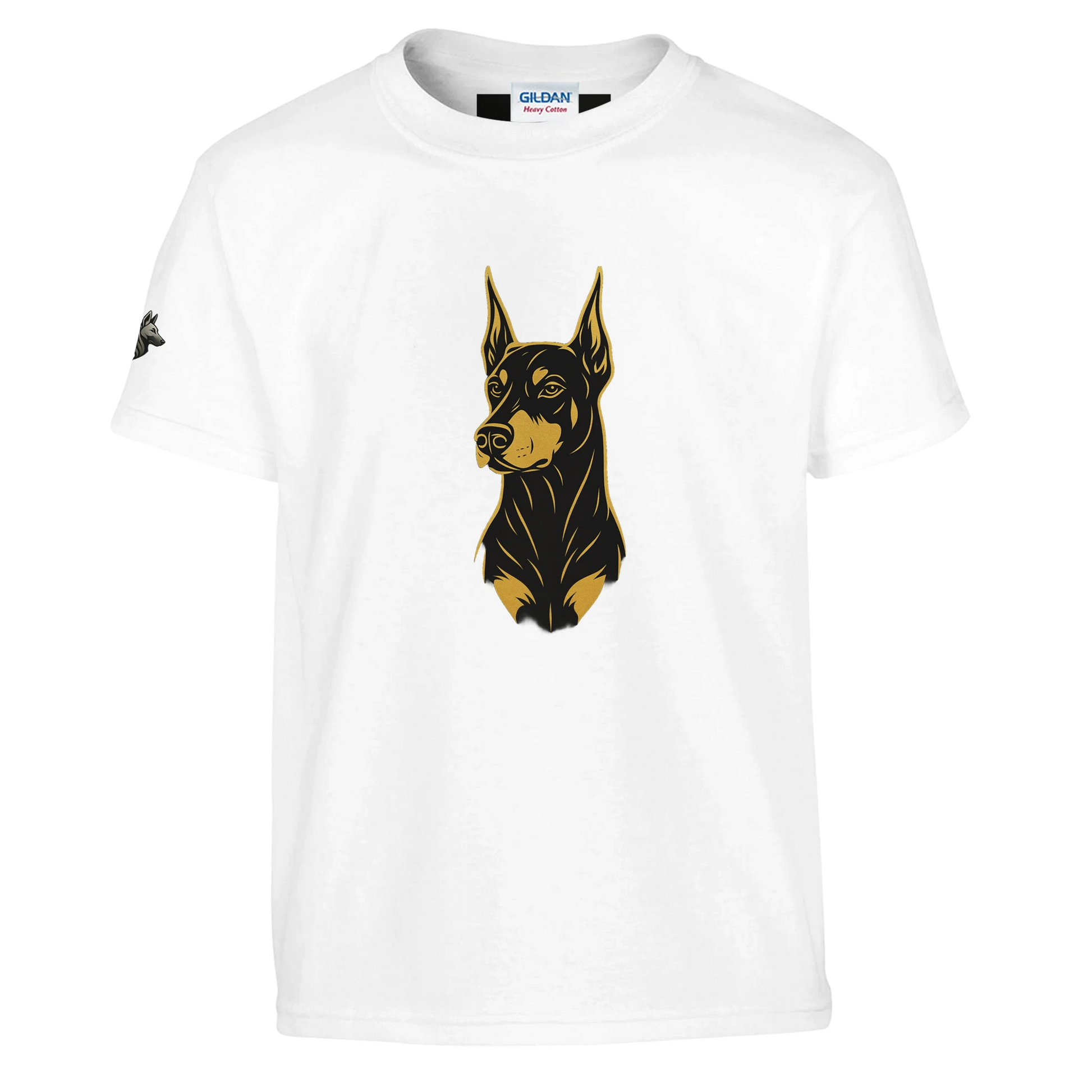 T-shirt enfant classique ras du cou tête Dobermann dorée et noire1 avec logo sur manche droite MolossDesign
