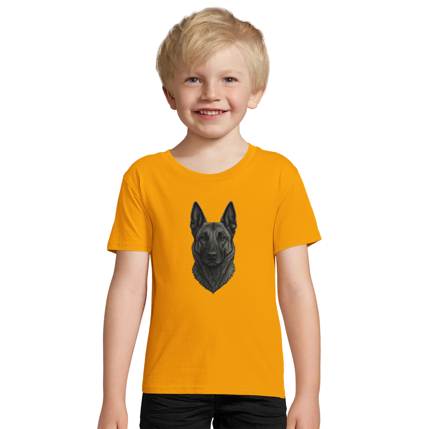 Marque MolossDesign | T-shirt enfant coton bio ajusté tête Malinois argentée1 avec logo sur le dos MolossDesign