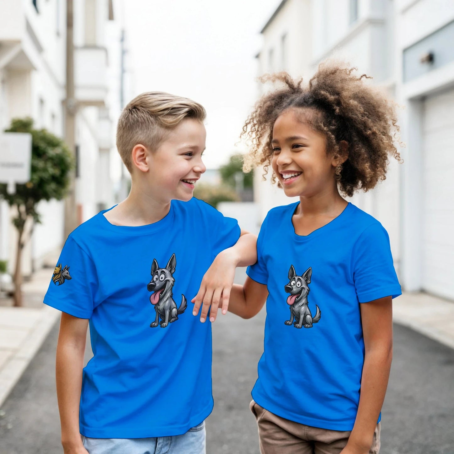 Marque MolossDesign | T-shirt enfant classique ras du cou Malinois humour1 avec logo sur manche droite MolossDesign