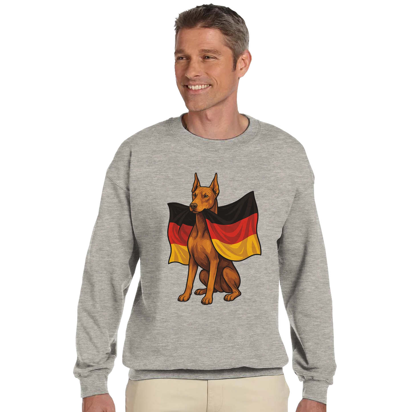 Sweat-shirt adulte unisexe classique ras du cou gris Dobermann+drapeau