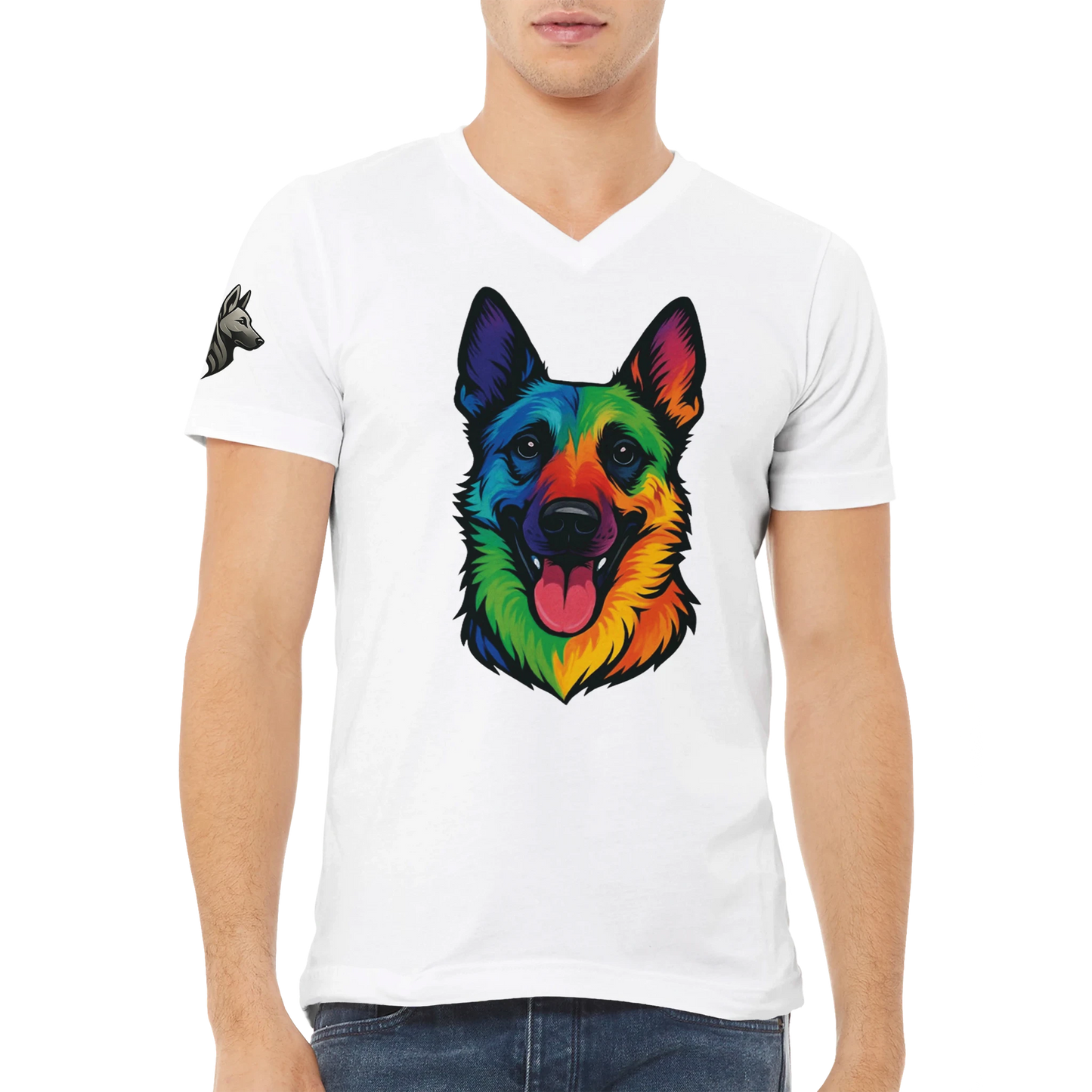 T-shirt adulte unisexe premium col en V blanc tête Malinois arc en ciel