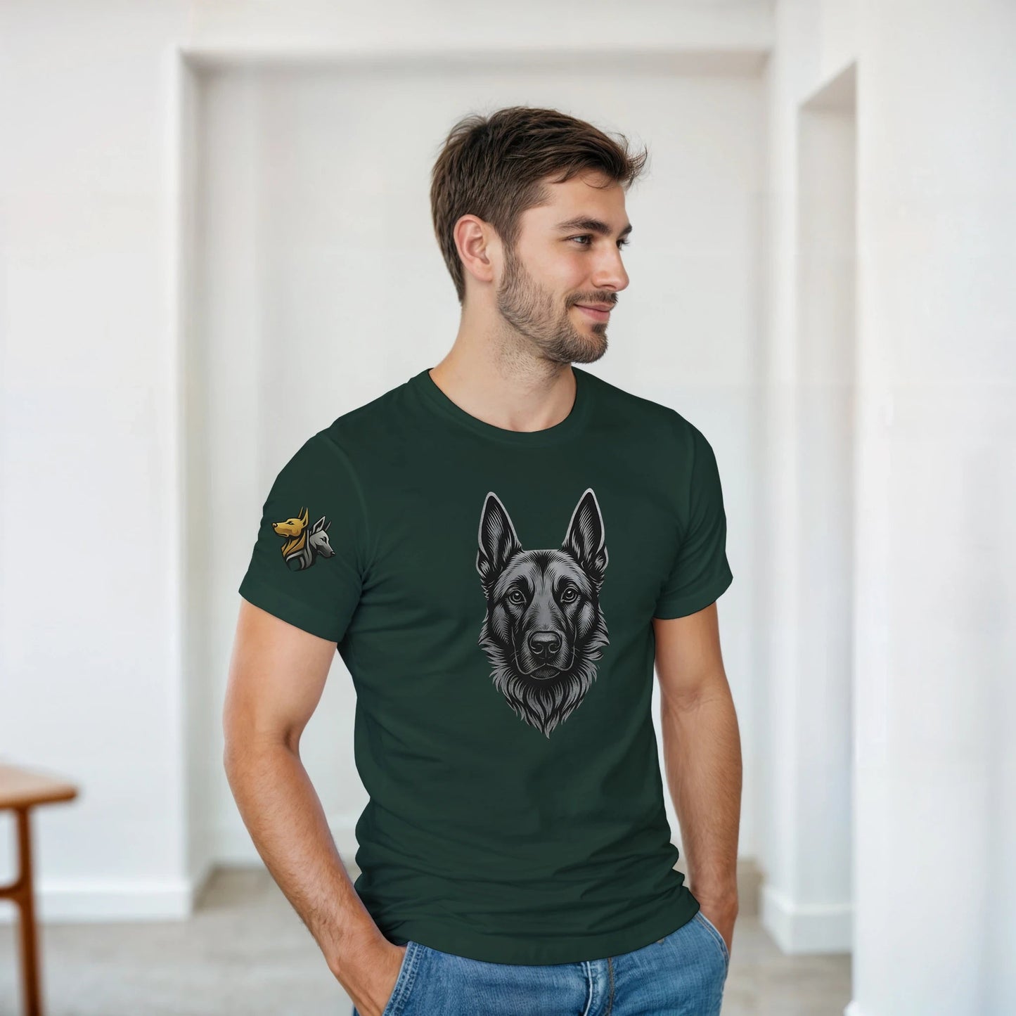 T-shirt adulte unisexe épais ras du cou vert tête Malinois argentée