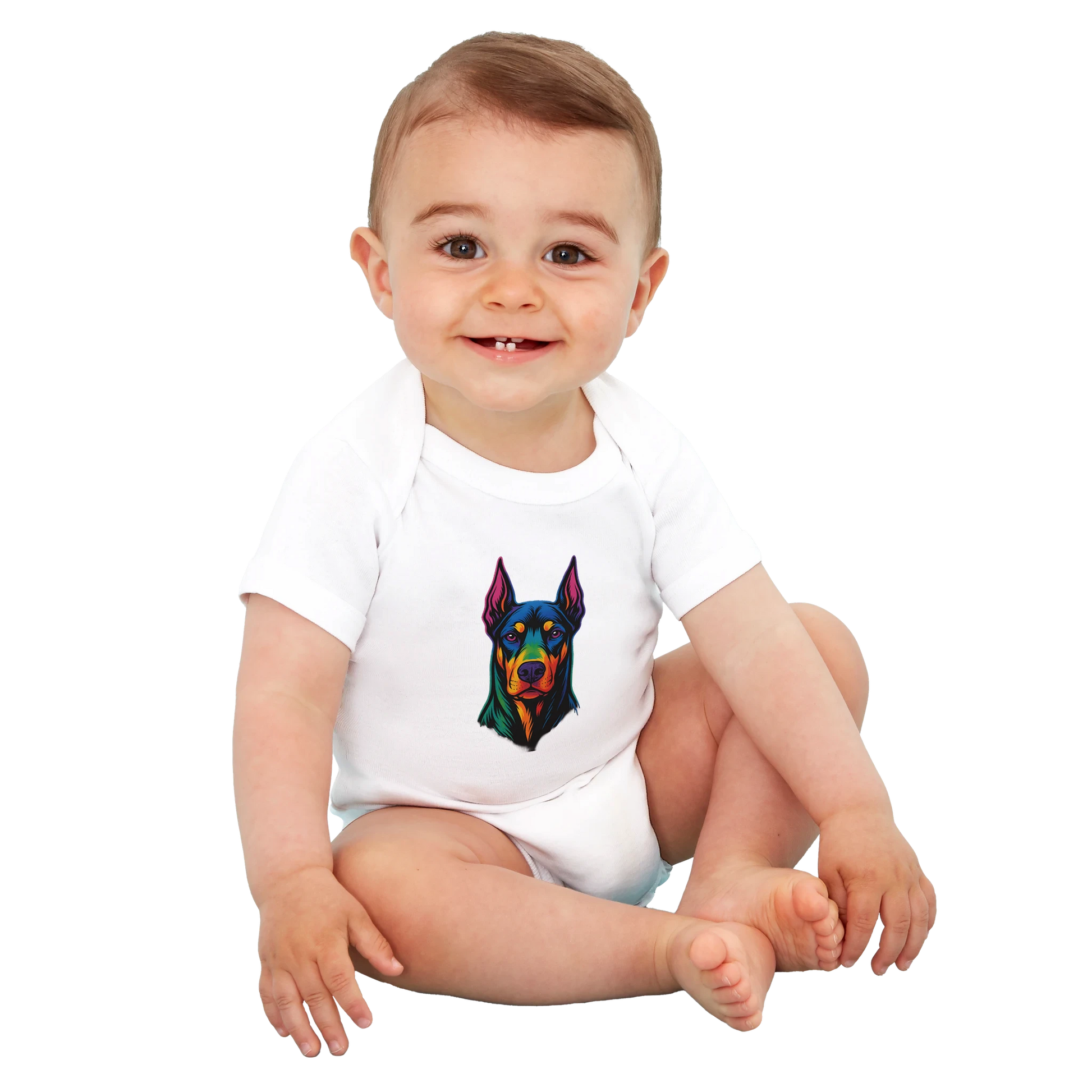 Body bébé blanc coton bio manches courtes Dobermann arc en ciel