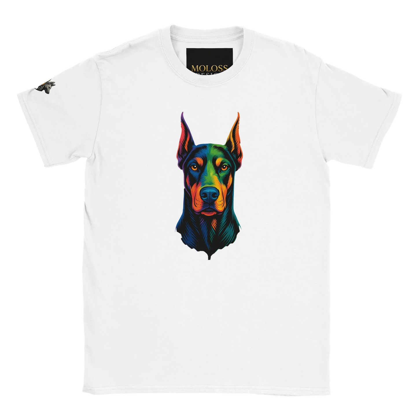T-shirt enfant classique ras du cou tête Dobermann arc en ciel1 avec logo sur manche droite MolossDesign