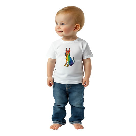 T-shirt bébé blanc coton manches courtes Dobermann arc en ciel