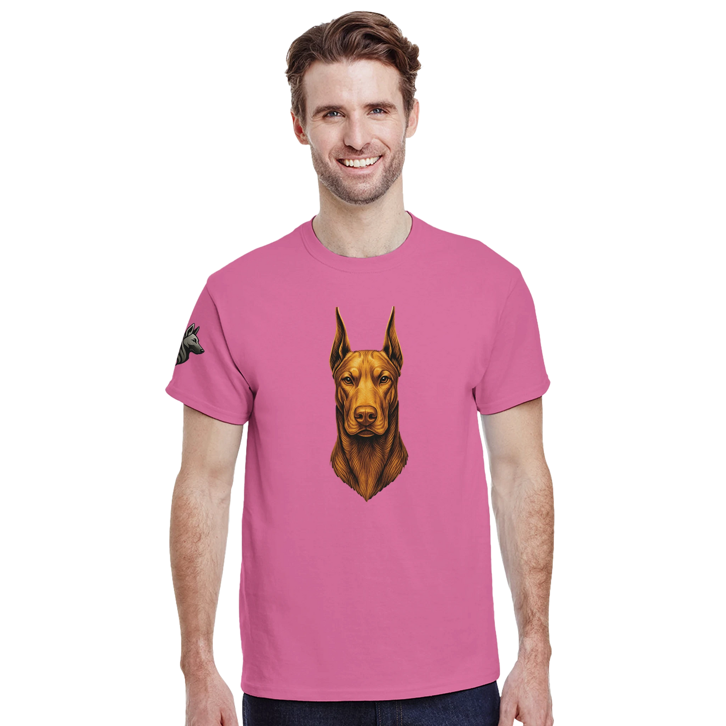 T-shirt adulte unisexe épais ras du cou rose tête face Dobermann dorée