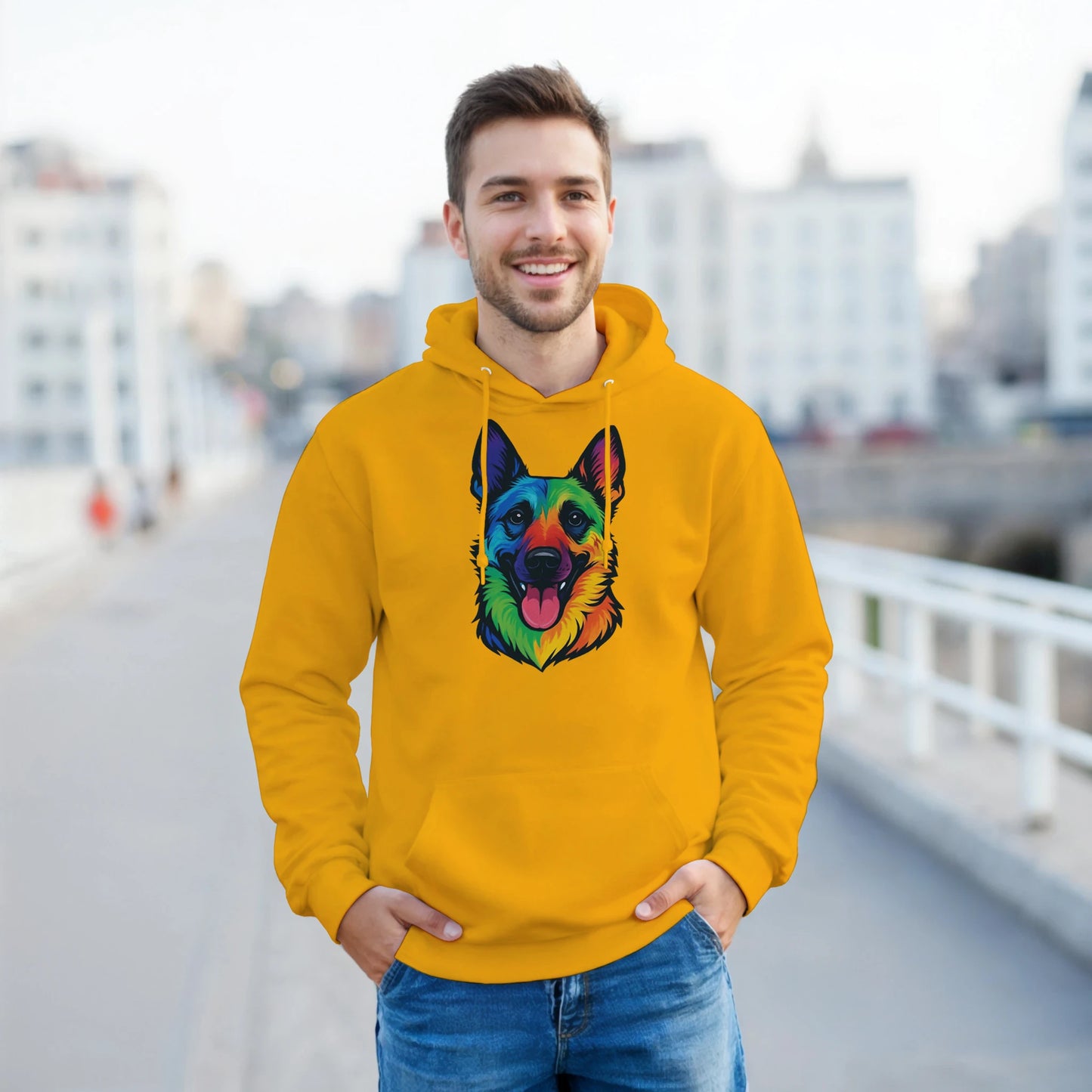 Sweat à capuche adulte unisexe classique jaune tête Malinois arc en ciel