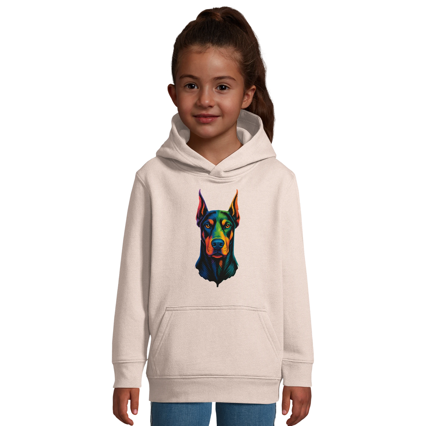 Sweat-shirt à capuche enfant rose tête Dobermann arc en ciel