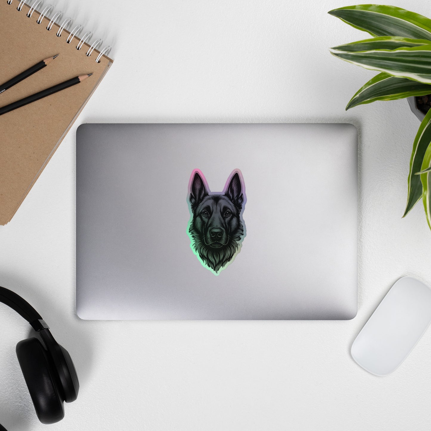 Autocollant holographique tête Malinois argentée