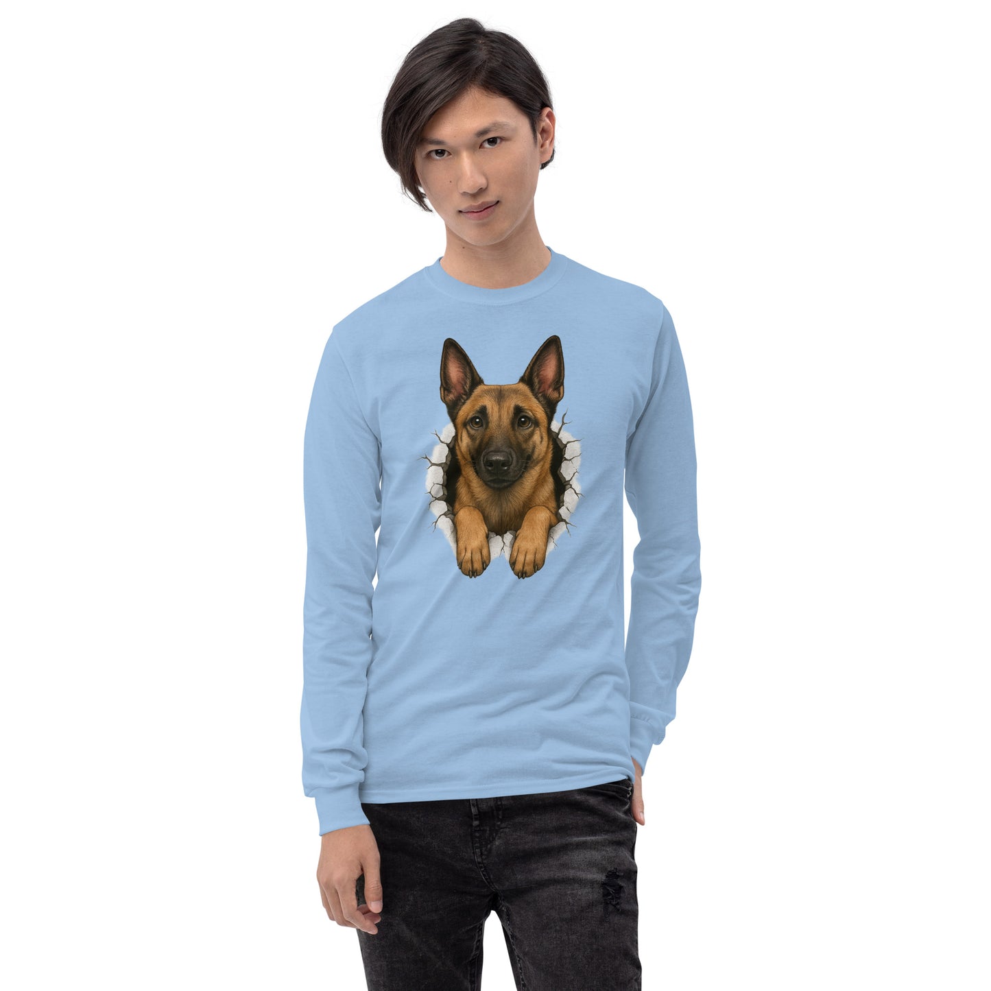 T-shirt à manches longues unisexe bleu adulte Malinois trou mur