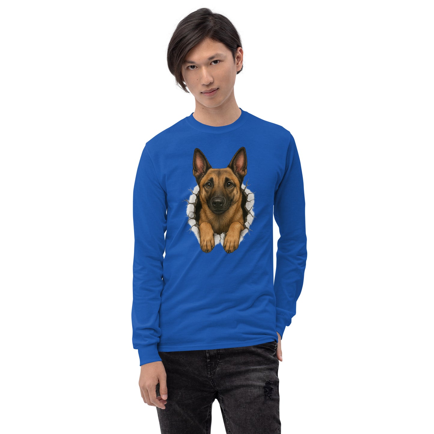 T-shirt à manches longues unisexe bleu adulte Malinois trou mur