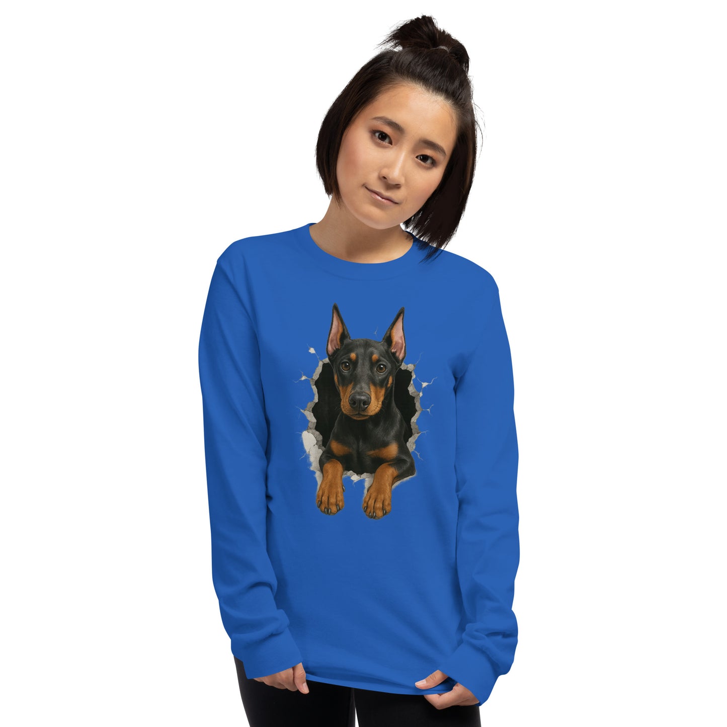 T-shirt adulte unisexe à manches longues bleu Dobermann trou mur