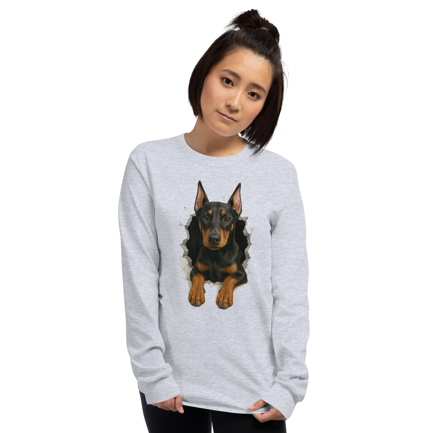 T-shirt adulte unisexe à manches longues gris Dobermann trou mur