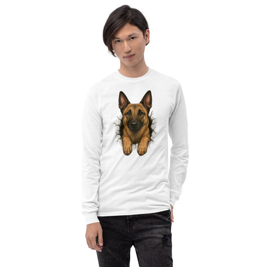 T-shirt à manches longues unisexe blanc adulte Malinois trou mur