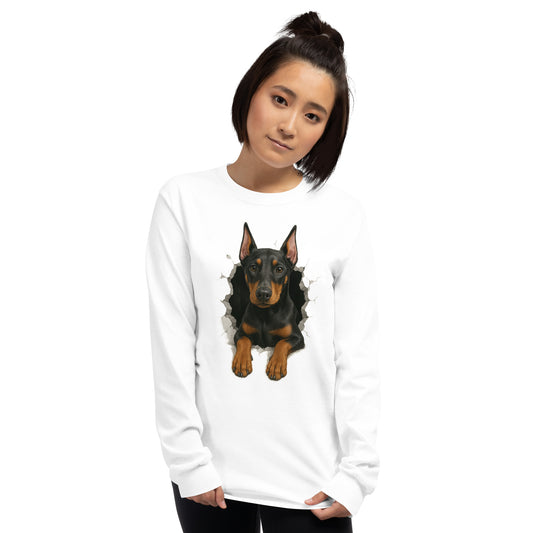 T-shirt adulte unisexe à manches longues blanc Dobermann trou mur