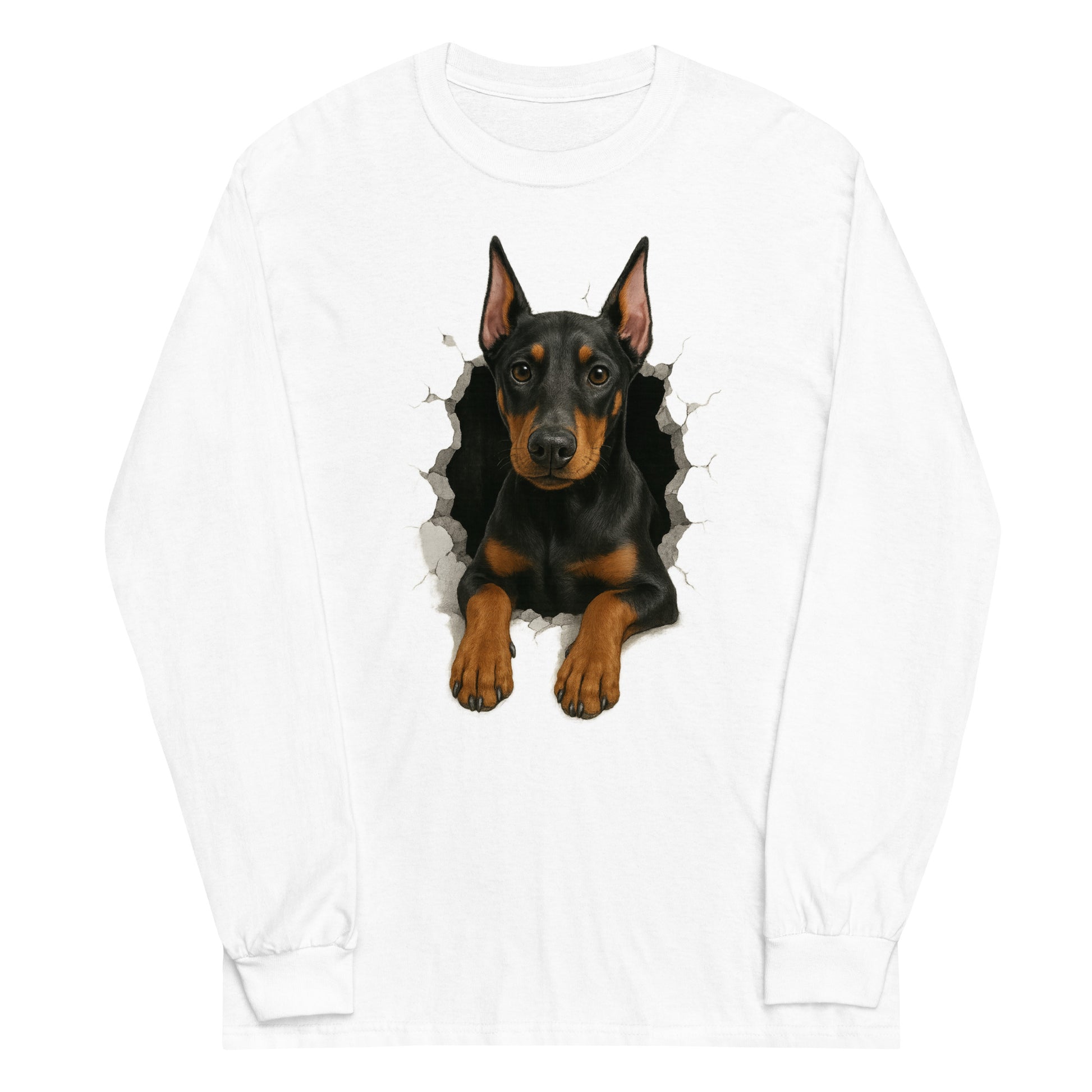 T-shirt adulte unisexe à manches longues blanc Dobermann trou mur