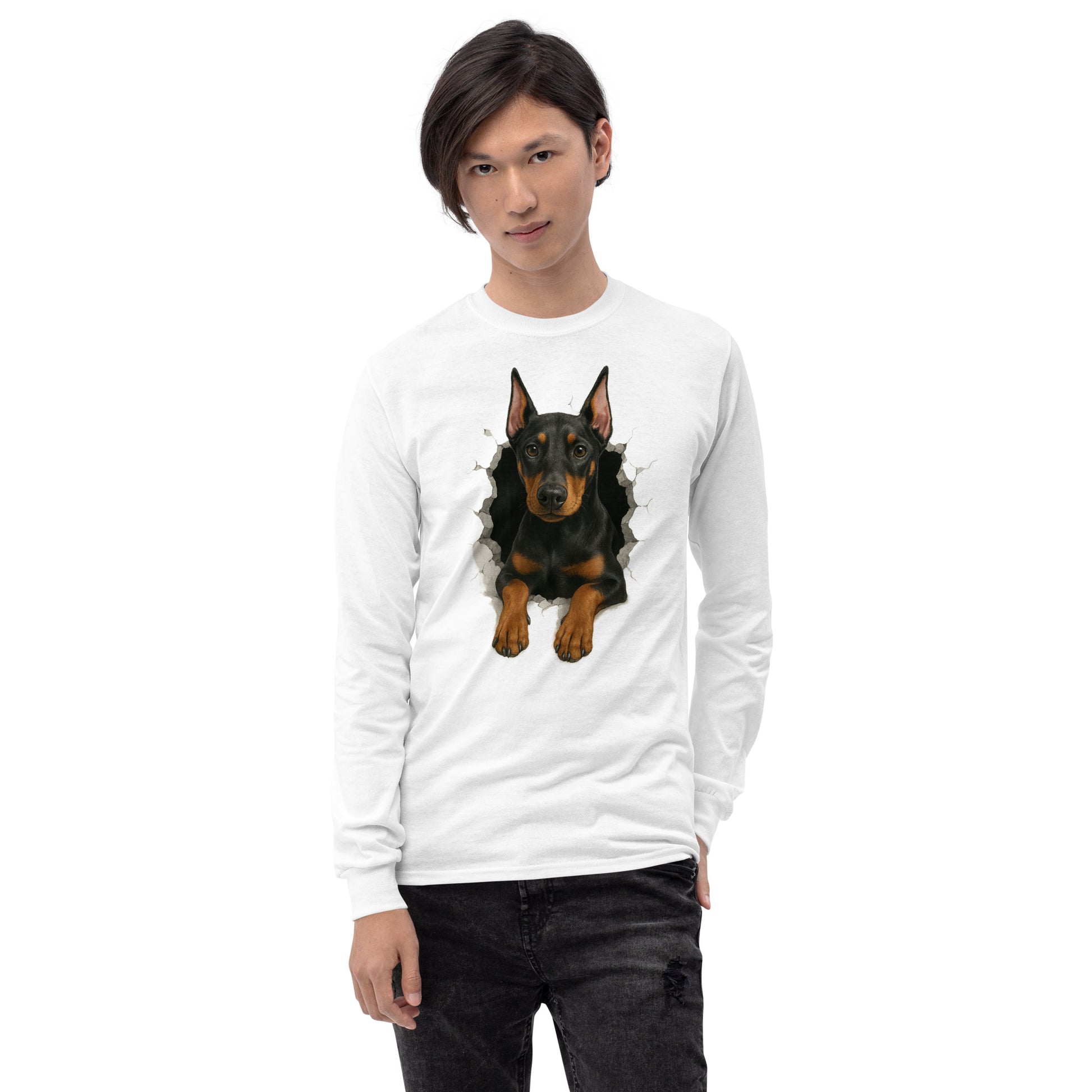 T-shirt adulte unisexe à manches longues blanc Dobermann trou mur