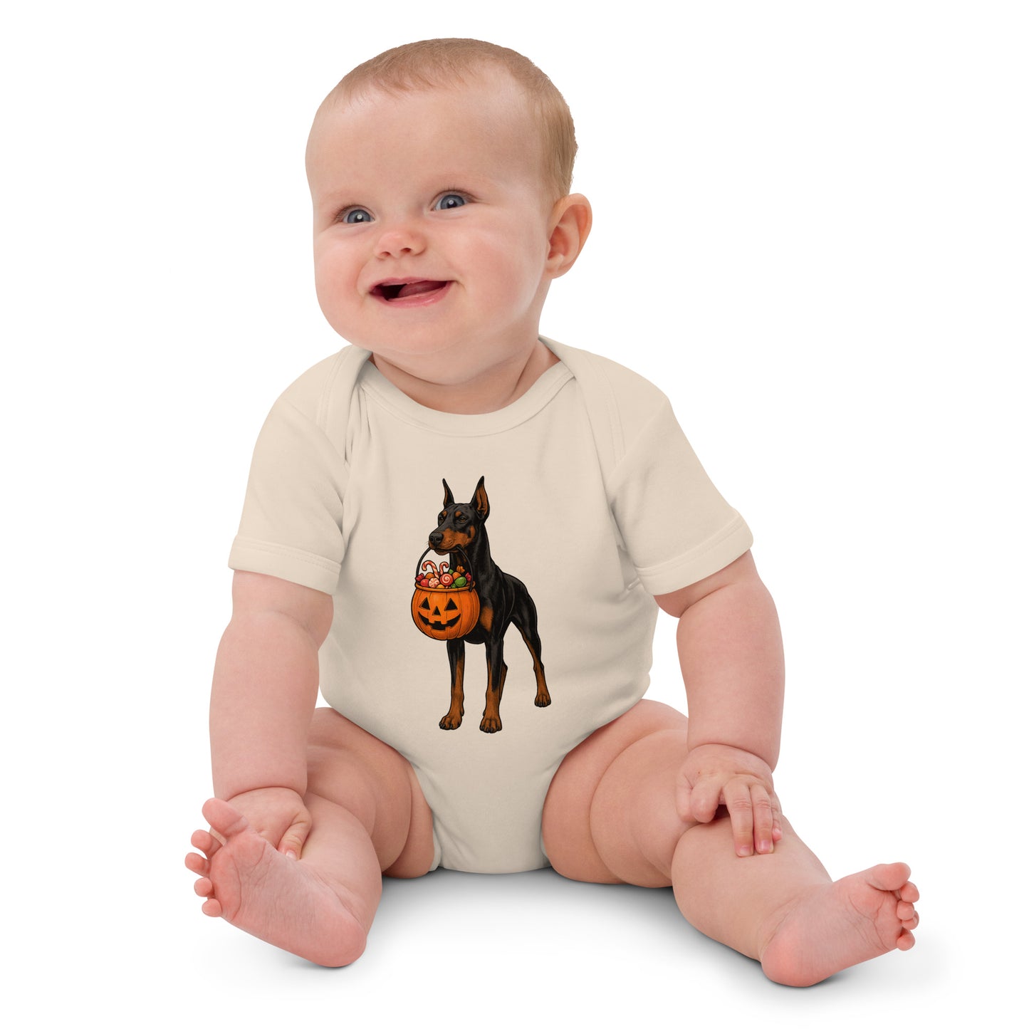 Body bébé en coton bio manches courtes beige Dobermann halloween