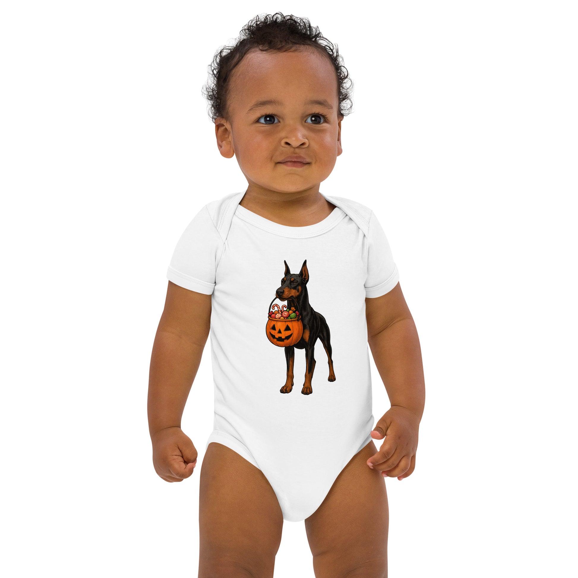 Body bébé en coton bio manches courtes blanc Dobermann halloween
