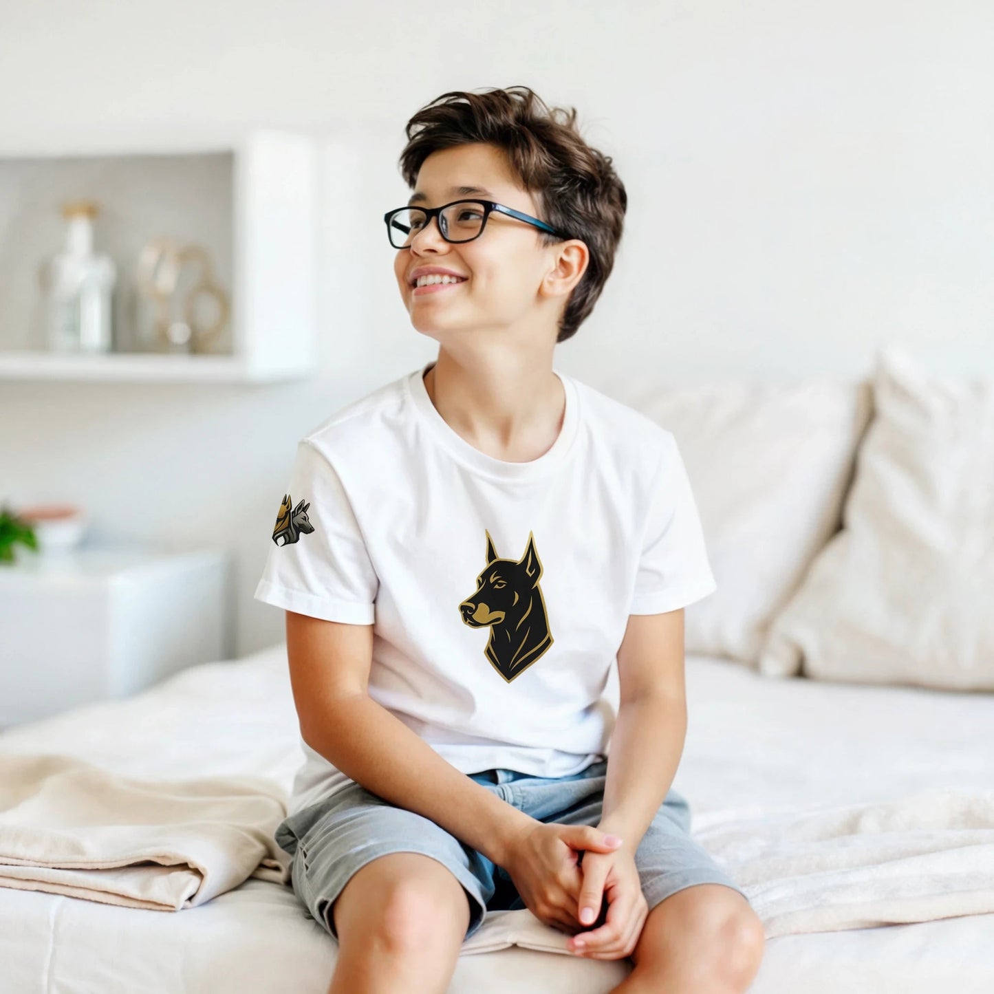 Marque MolossDesign | T-shirt enfant col rond Dobermann noir et doré3 et logo sur manche droite MolossDesign