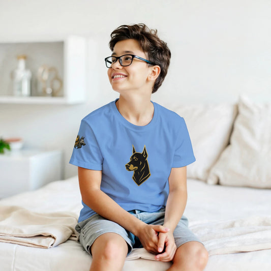 Marque MolossDesign | T-shirt enfant col rond Dobermann noir et doré3 et logo sur manche droite MolossDesign