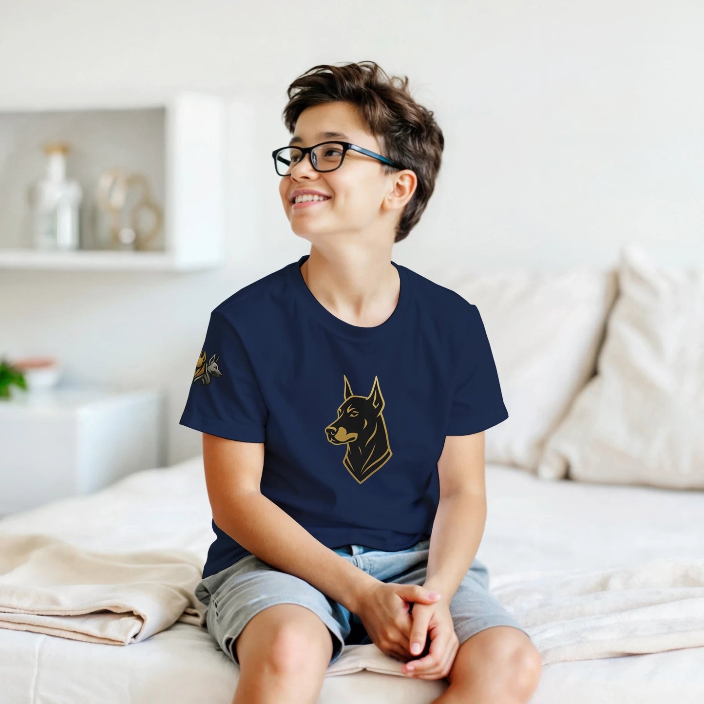 Marque MolossDesign | T-shirt enfant col rond Dobermann noir et doré3 et logo sur manche droite MolossDesign