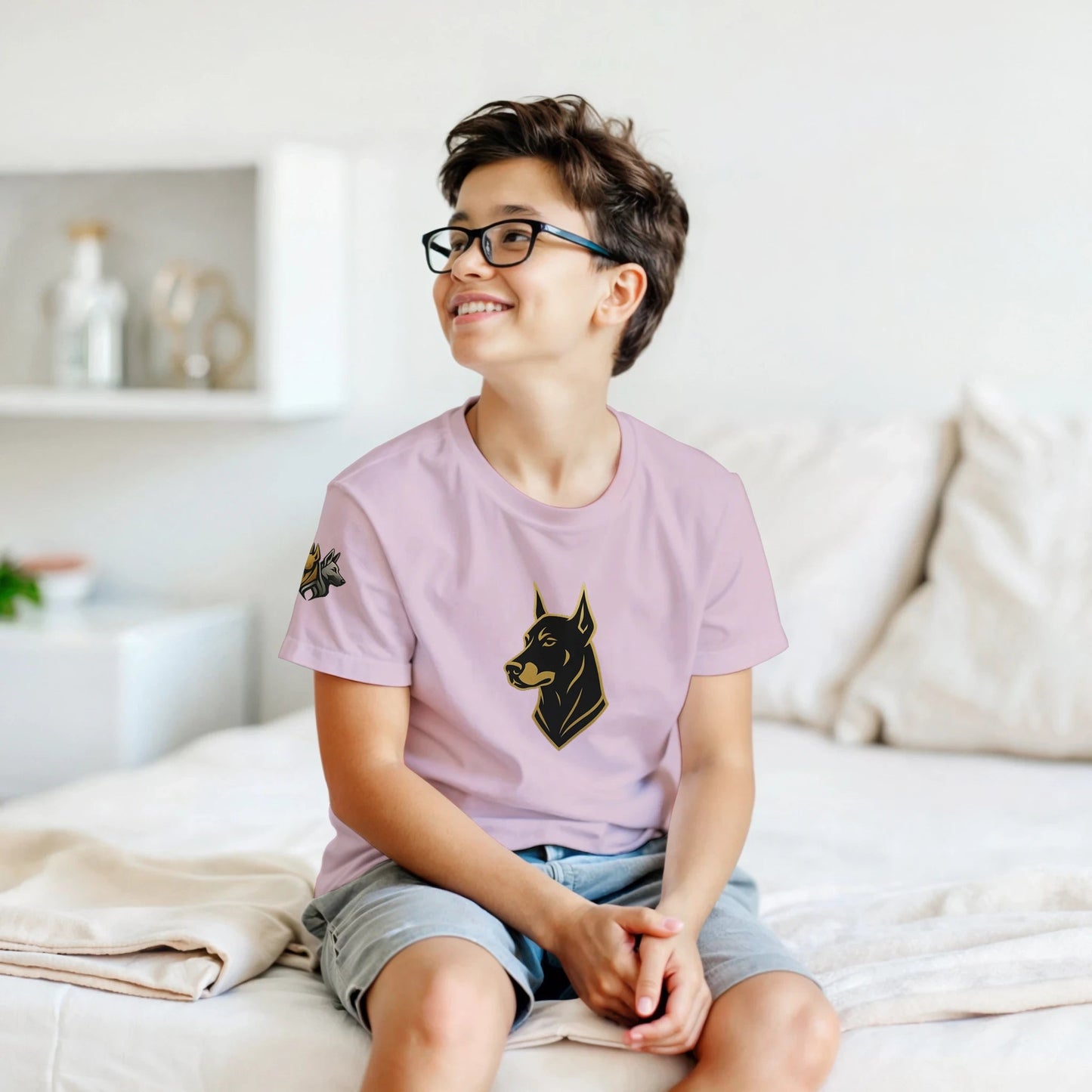 Marque MolossDesign | T-shirt enfant col rond Dobermann noir et doré3 et logo sur manche droite MolossDesign