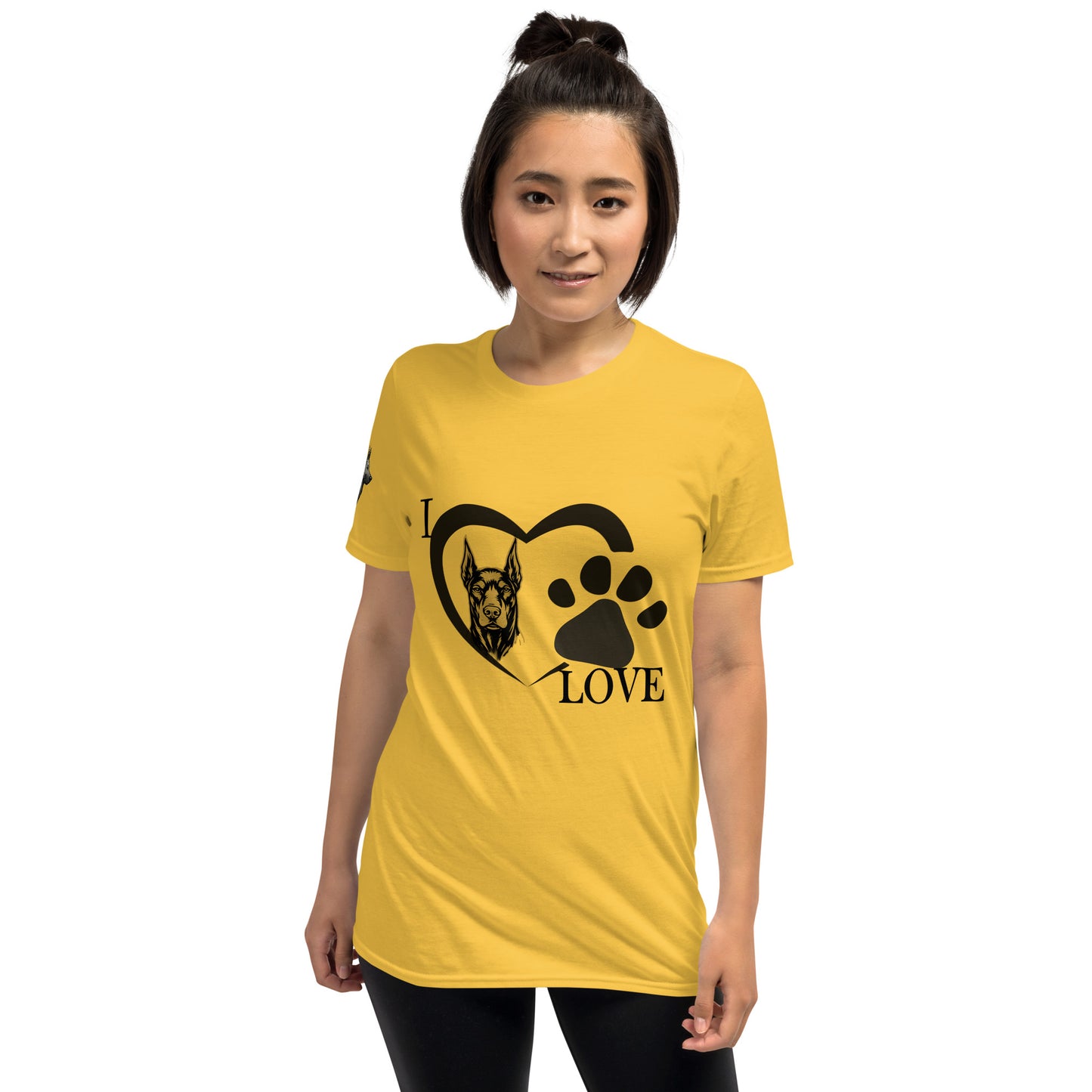 T-shirt adulte Unisexe à Manches Courtes jaune I love Dobermann