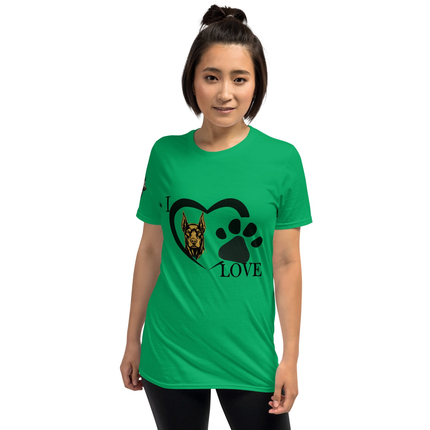 T-shirt adulte Unisexe à Manches Courtes vert I love Dobermann