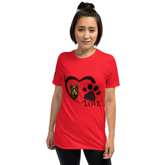 T-shirt adulte Unisexe à Manches Courtes rouge I love Dobermann