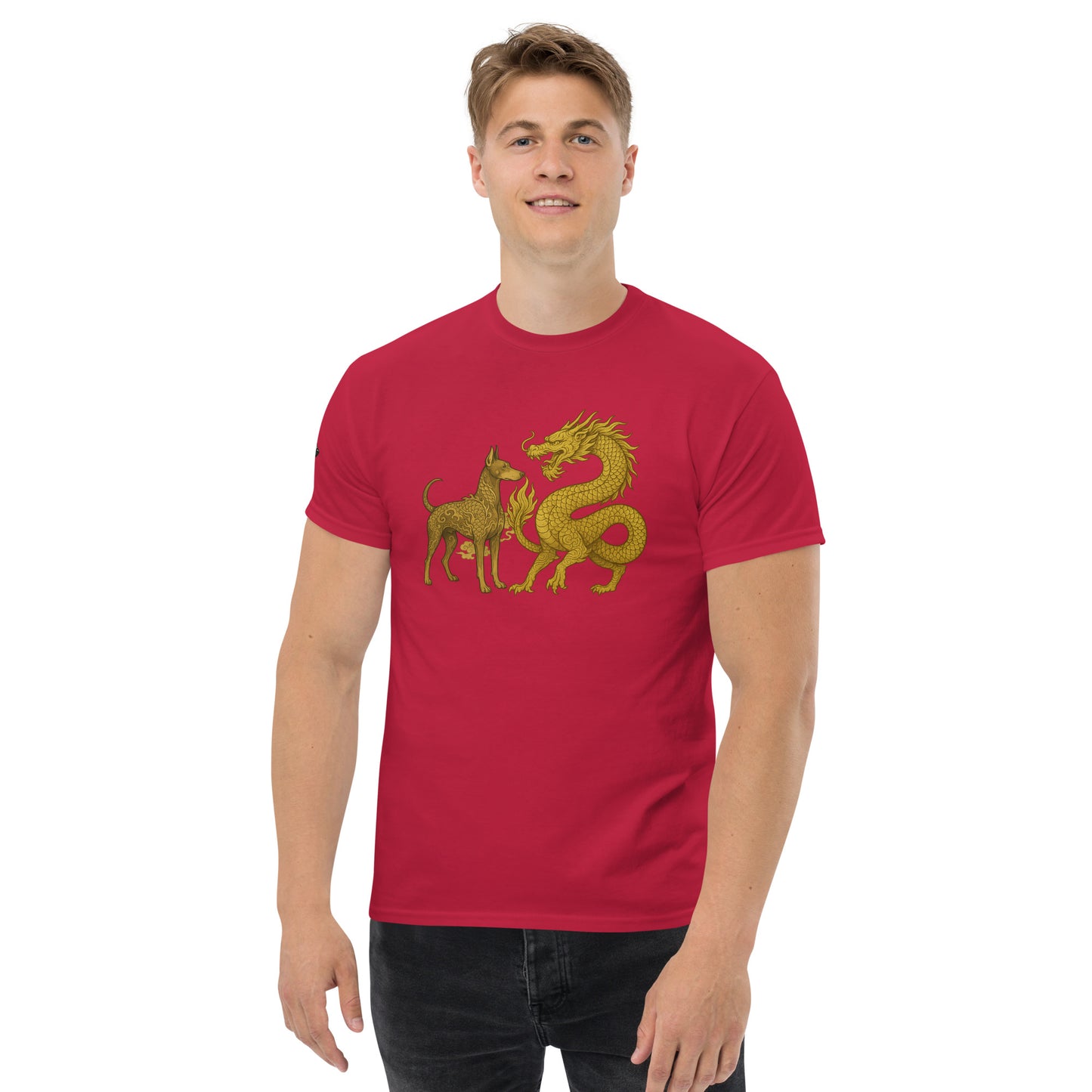 T-shirt classique adulte unisexe rouge duo Dragon et Dobermann dorés