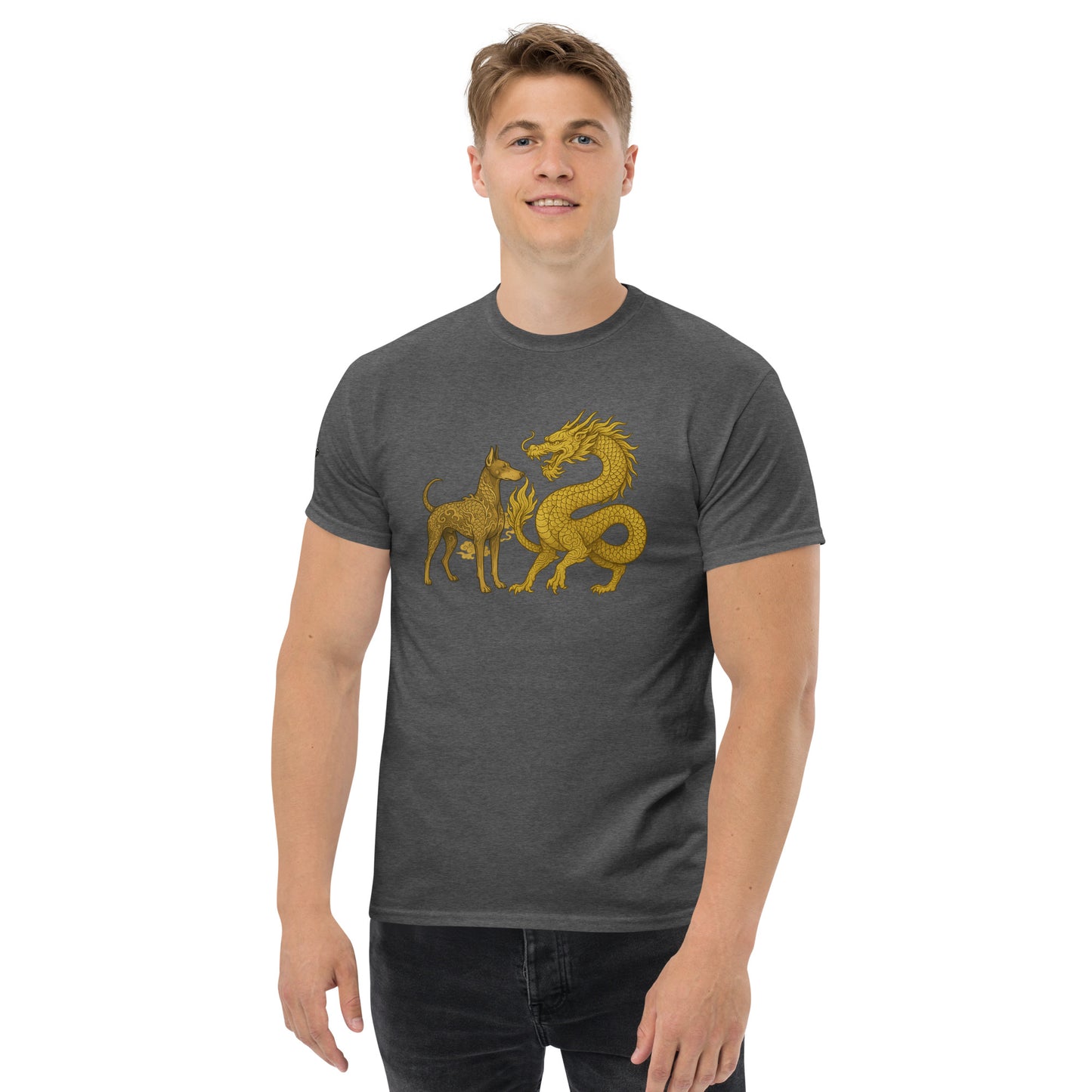 T-shirt classique adulte unisexe gris duo Dragon et Dobermann dorés