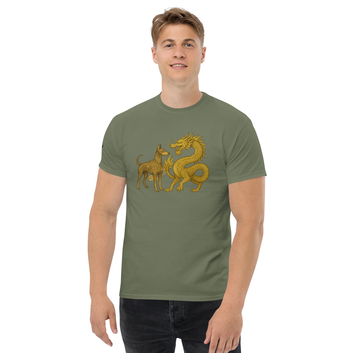T-shirt classique adulte unisexe vert duo Dragon et Dobermann dorés